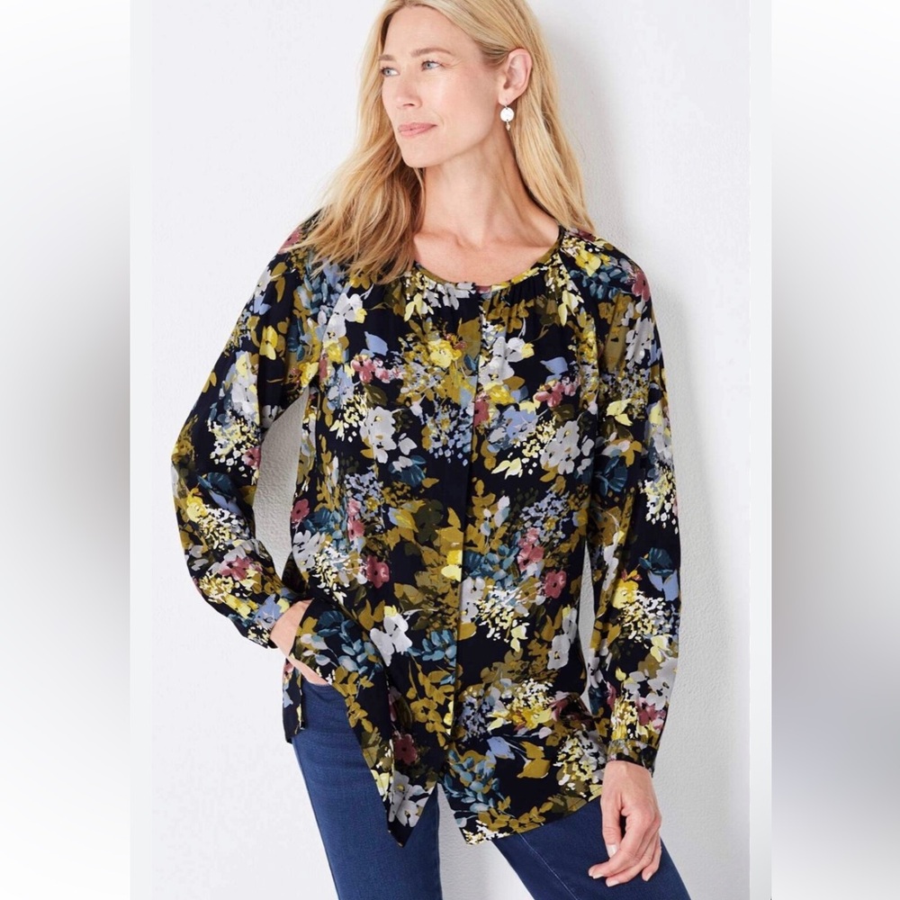 J. Jill Pretty Shirred abstract Multicolor Floral Blouse Size Small